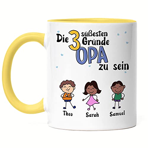 Kiddle-Design Opa Tasse Gelb Geburtstag Personalisiert für Opa Enkel Enkelin Baby Geschenk Kinder Opa Geschenk Vatertag 3 Kinder von Kiddle-Design