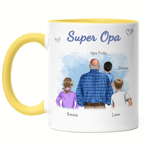 Kiddle-Design Opa Tasse Gelb personalisiert 3 Enkel Vatertagsgeschenk Geburtstagsgeschenk - Geschenk Opi mit Enkeltochter Enkelsohn - Bester Opa der Welt von Kiddle-Design