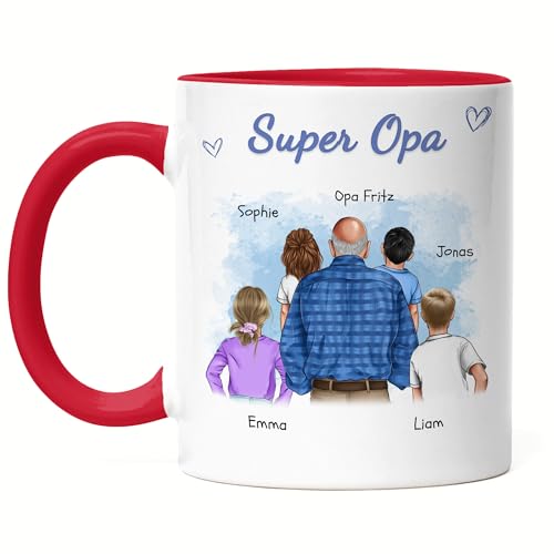Kiddle-Design Opa Tasse Rot personalisiert 4 Enkelkinder Vatertagsgeschenk Geburtstagsgeschenk - Geschenk Opi mit Enkeltochter Enkelsohn - Bester Opa der Welt von Kiddle-Design