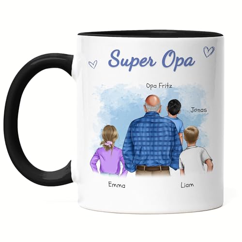 Kiddle-Design Opa Tasse Schwarz personalisiert 3 Enkel Vatertagsgeschenk Geburtstagsgeschenk - Geschenk Opi mit Enkeltochter Enkelsohn - Bester Opa der Welt von Kiddle-Design