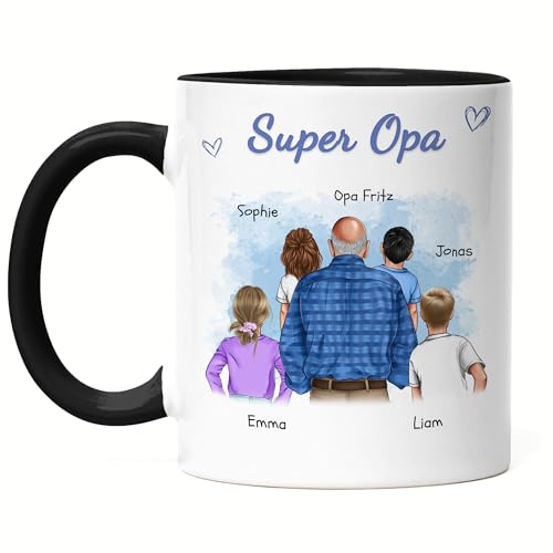 Kiddle-Design Opa Tasse Schwarz personalisiert 4 Enkelkinder Vatertagsgeschenk Geburtstagsgeschenk - Geschenk Opi mit Enkeltochter Enkelsohn - Bester Opa der Welt von Kiddle-Design