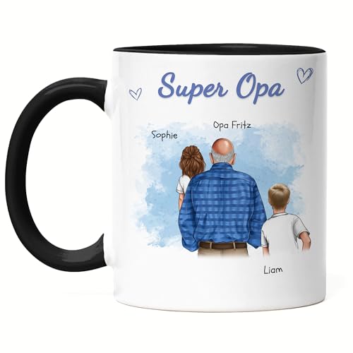 Kiddle-Design Opa Tasse Schwarz personalisiert Zwei Enkel Vatertagsgeschenk Geburtstagsgeschenk - Geschenk Opi mit Enkeltochter Enkelsohn - Bester Opa der Welt von Kiddle-Design