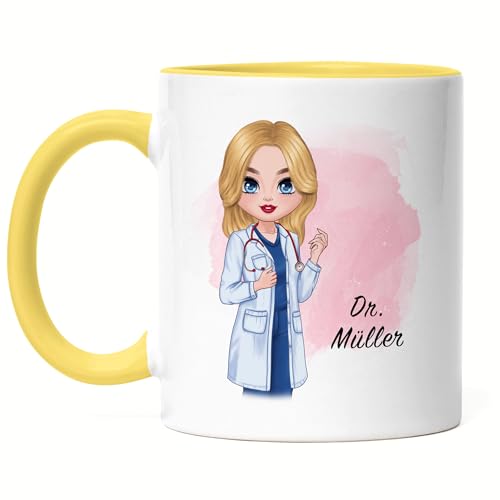 Kiddle-Design Personalisierte Ärztin Tasse Gelb | Medizin Studium Geschenk | Mit Name für Examen Glückwunsch Medizin Studium Danke & Abschiedsgeschenk von Kiddle-Design