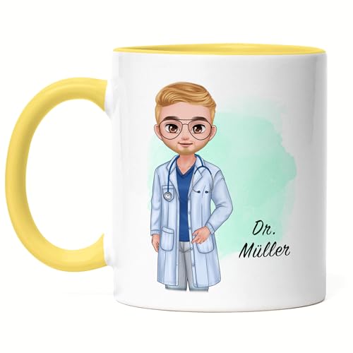 Kiddle-Design Personalisierte Arzt Tasse Gelb | Medizin Examen Geschenk | Individuell mit Namen für angehende Ärzte Abschlussgeschenk Danke und Abschied von Kiddle-Design