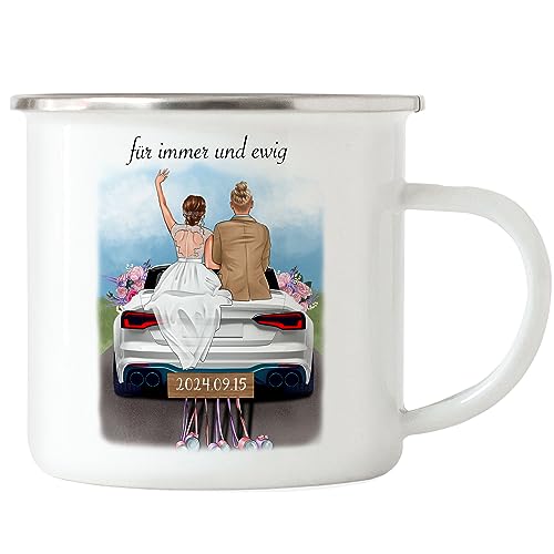 Kiddle-Design Personalisierte Hochzeitstasse Emaille | Geschenk zur Hochzeit mit Namen | Brautpaar Tasse Paar Hochzeitstag Hochzeitsauto von Kiddle-Design