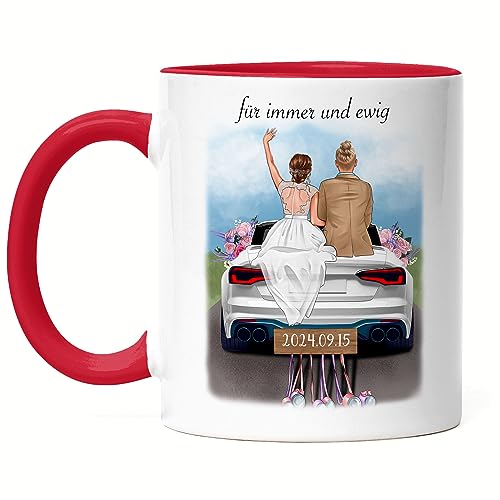 Kiddle-Design Personalisierte Hochzeitstasse Gelb | Geschenk zur Hochzeit mit Namen | Brautpaar Tasse Paar Hochzeitstag Hochzeitsauto von Kiddle-Design