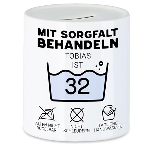 Kiddle-Design Personalisierte Spardose 32. Geburtstag - Mit Sorgfalt behandeln das Gute Stück ist 32-32ter Geburtstag Lustiges Geschenk Mann Frau, Sparbüchse Sparschwein von Kiddle-Design
