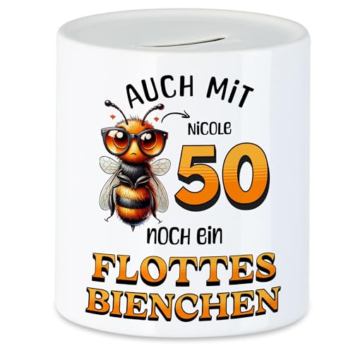 Kiddle-Design Personalisierte Spardose 50. Geburtstag - Flottes Bienchen ist 50-50ter Geburtstag Lustiges Geldgeschenk Frau Frauen - Sparschwein zum Geburtstag von Kiddle-Design