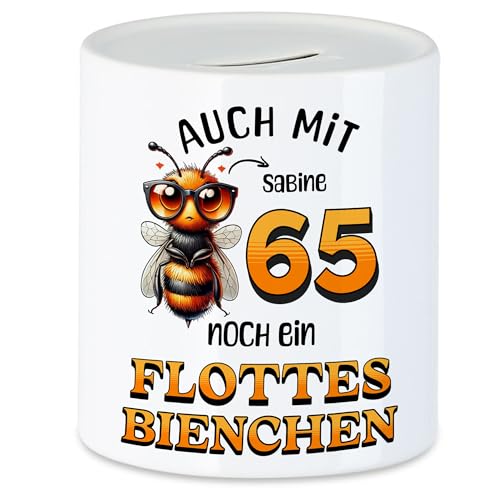 Kiddle-Design Personalisierte Spardose 65. Geburtstag - Flottes Bienchen ist 65-65ter Geburtstag Lustiges Geldgeschenk Frau Frauen - Sparschwein zum Geburtstag von Kiddle-Design