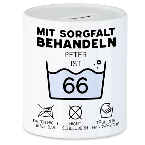 Kiddle-Design Personalisierte Spardose 66. Geburtstag - Mit Sorgfalt behandeln das Gute Stück ist 66-66ter Geburtstag Lustiges Geschenk Mann Frau, Sparbüchse Sparschwein von Kiddle-Design