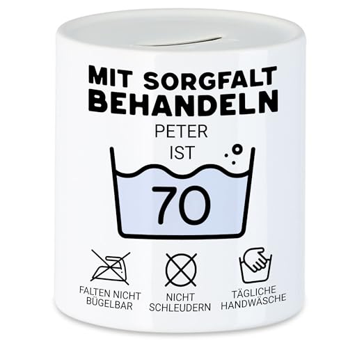 Kiddle-Design Personalisierte Spardose 70. Geburtstag - Mit Sorgfalt behandeln das Gute Stück ist 70-70ter Geburtstag Lustiges Geschenk Mann Frau, Sparbüchse Sparschwein von Kiddle-Design