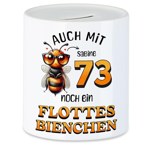 Kiddle-Design Personalisierte Spardose 73. Geburtstag - Flottes Bienchen ist 73-73ter Geburtstag Lustiges Geldgeschenk Frau Frauen - Sparschwein zum Geburtstag von Kiddle-Design