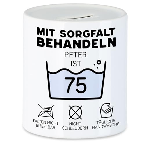 Kiddle-Design Personalisierte Spardose 75. Geburtstag - Mit Sorgfalt behandeln das Gute Stück ist 75-75ter Geburtstag Lustiges Geschenk Mann Frau, Sparbüchse Sparschwein von Kiddle-Design