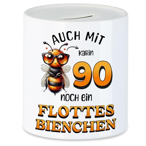 Kiddle-Design Personalisierte Spardose 90. Geburtstag - Flottes Bienchen ist 90-90ter Geburtstag Lustiges Geldgeschenk Frau Frauen - Sparschwein zum Geburtstag von Kiddle-Design