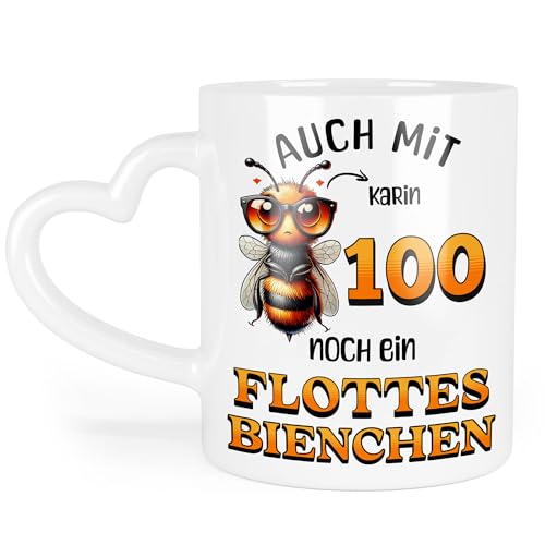 Kiddle-Design Personalisierte Tasse 100. Geburtstag - Flottes Bienchen ist 100-100ter Geburtstag Lustiges Geschenk Frau Frauen - Tasse mit Herz-Henkel von Kiddle-Design