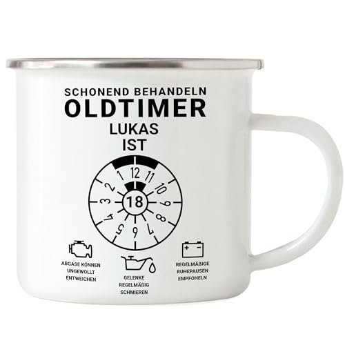 Kiddle-Design Personalisierte Tasse 18. Geburtstag, Schonend behandeln Oldtimer ist 18, 18ter Geburtstag Lustiges Geschenk Mann Frau, Emaille-Tasse von Kiddle-Design