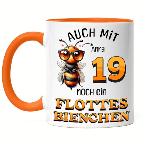 Kiddle-Design Personalisierte Tasse 19. Geburtstag - Flottes Bienchen ist 19-19ter Geburtstag Lustiges Geschenk Frau Frauen - Tasse Orange von Kiddle-Design