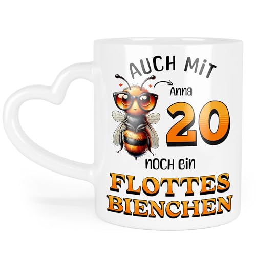 Kiddle-Design Personalisierte Tasse 20. Geburtstag - Flottes Bienchen ist 20-20ter Geburtstag Lustiges Geschenk Frau Frauen - Tasse mit Herz-Henkel von Kiddle-Design