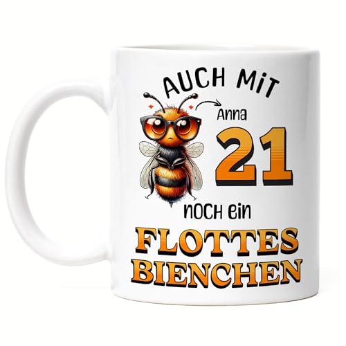 Kiddle-Design Personalisierte Tasse 21. Geburtstag - Flottes Bienchen ist 21-21ter Geburtstag Lustiges Geschenk Frau Frauen - Tasse Weiß von Kiddle-Design