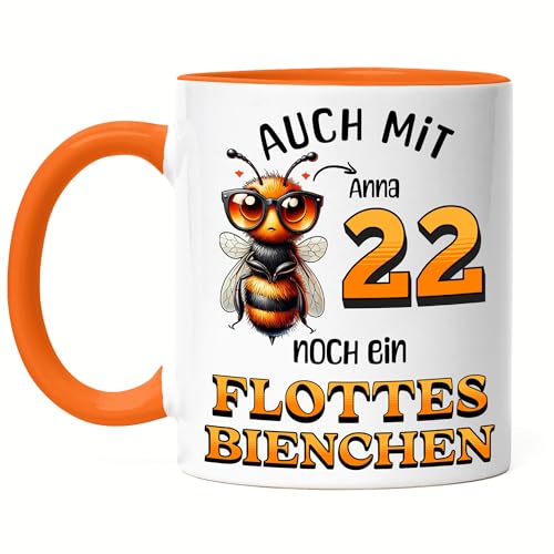 Kiddle-Design Personalisierte Tasse 22. Geburtstag - Flottes Bienchen ist 22-22ter Geburtstag Lustiges Geschenk Frau Frauen - Tasse Orange von Kiddle-Design