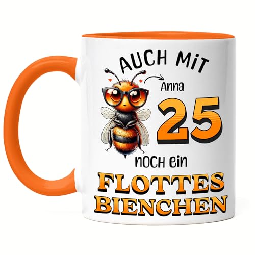 Kiddle-Design Personalisierte Tasse 25. Geburtstag - Flottes Bienchen ist 25-25ter Geburtstag Lustiges Geschenk Frau Frauen - Tasse Orange von Kiddle-Design