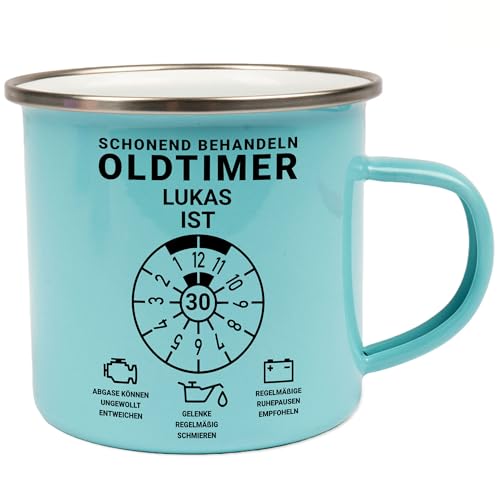 Kiddle-Design Personalisierte Tasse 30. Geburtstag, Schonend behandeln Oldtimer ist 30, 30ter Geburtstag Lustiges Geschenk Mann Frau, Emaille-Tasse Blau von Kiddle-Design