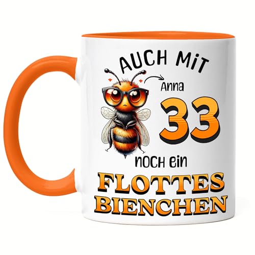 Kiddle-Design Personalisierte Tasse 33. Geburtstag - Flottes Bienchen ist 33-33ter Geburtstag Lustiges Geschenk Frau Frauen - Tasse Orange von Kiddle-Design