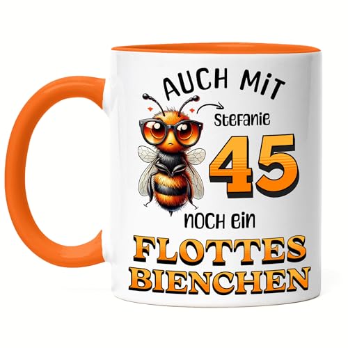 Kiddle-Design Personalisierte Tasse 45. Geburtstag - Flottes Bienchen ist 45-45ter Geburtstag Lustiges Geschenk Frau Frauen - Tasse Orange von Kiddle-Design