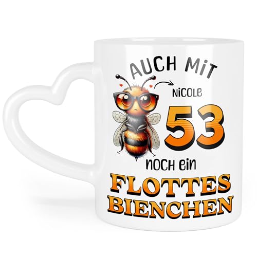 Kiddle-Design Personalisierte Tasse 53. Geburtstag - Flottes Bienchen ist 53-53ter Geburtstag Lustiges Geschenk Frau Frauen - Tasse mit Herz-Henkel Kiddle-Design Personalisierte Tasse 53. Geburtstag - Flottes Bienchen ist 53-53ter Geburtstag Lustiges Geschenk Frau Frauen - Tasse mit Herz-Henkel von Kiddle-Design