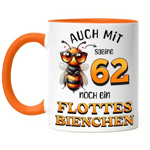 Kiddle-Design Personalisierte Tasse 62. Geburtstag - Flottes Bienchen ist 62-62ter Geburtstag Lustiges Geschenk Frau Frauen - Tasse Orange von Kiddle-Design