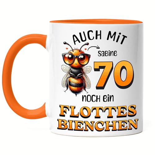 Kiddle-Design Personalisierte Tasse 70. Geburtstag - Flottes Bienchen ist 70-70ter Geburtstag Lustiges Geschenk Frau Frauen - Tasse Orange von Kiddle-Design