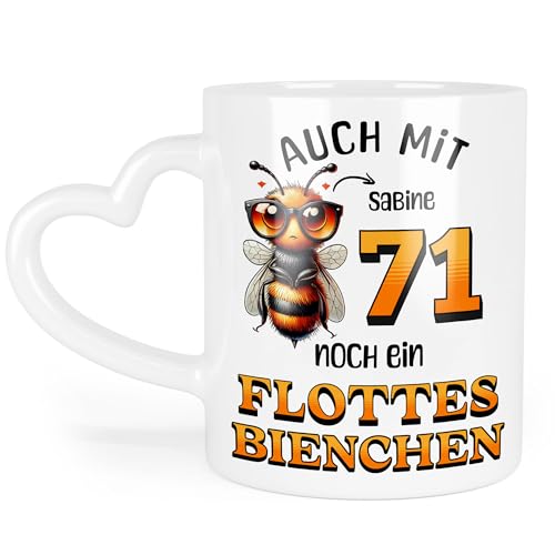 Kiddle-Design Personalisierte Tasse 71. Geburtstag - Flottes Bienchen ist 71-71ter Geburtstag Lustiges Geschenk Frau Frauen - Tasse mit Herz-Henkel von Kiddle-Design