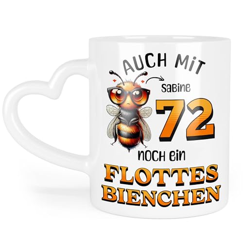 Kiddle-Design Personalisierte Tasse 72. Geburtstag - Flottes Bienchen ist 72-72ter Geburtstag Lustiges Geschenk Frau Frauen - Tasse mit Herz-Henkel von Kiddle-Design