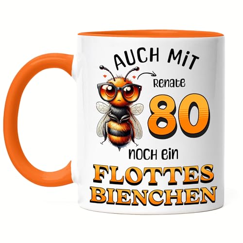 Kiddle-Design Personalisierte Tasse 80. Geburtstag - Flottes Bienchen ist 80-80ter Geburtstag Lustiges Geschenk Frau Frauen - Tasse Orange von Kiddle-Design