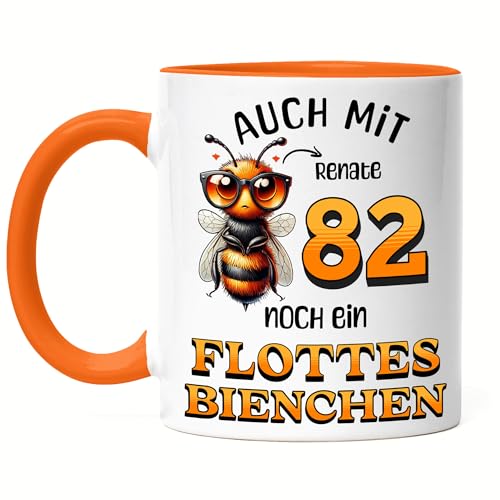 Kiddle-Design Personalisierte Tasse 82. Geburtstag - Flottes Bienchen ist 82-82ter Geburtstag Lustiges Geschenk Frau Frauen - Tasse Orange von Kiddle-Design