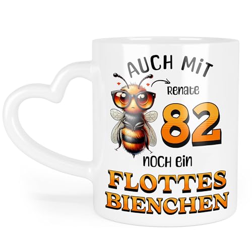 Kiddle-Design Personalisierte Tasse 82. Geburtstag - Flottes Bienchen ist 82-82ter Geburtstag Lustiges Geschenk Frau Frauen - Tasse mit Herz-Henkel von Kiddle-Design