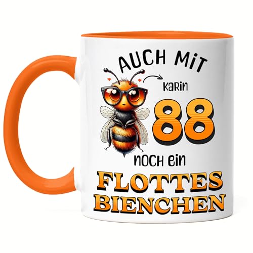 Kiddle-Design Personalisierte Tasse 88. Geburtstag - Flottes Bienchen ist 88-88ter Geburtstag Lustiges Geschenk Frau Frauen - Tasse Orange von Kiddle-Design