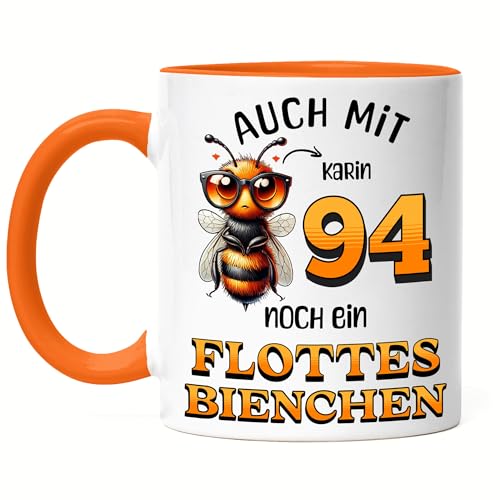Kiddle-Design Personalisierte Tasse 94. Geburtstag - Flottes Bienchen ist 94-94ter Geburtstag Lustiges Geschenk Frau Frauen - Tasse Orange von Kiddle-Design