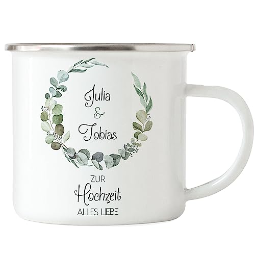 Kiddle-Design Personalisiertes Hochzeitsgeschenk Emaille Tasse Geschenk zur Hochzeit individuell mit Namen Brautpaar Gastgeschenk von Kiddle-Design