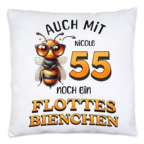 Kiddle-Design Personalisiertes Kissen 55. Geburtstag - Flottes Bienchen ist 55-55ter Geburtstag Lustiges Geschenk Frau Frauen - Kissen 40x40cm inkl. Füllung von Kiddle-Design