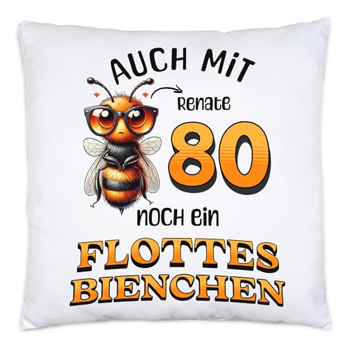 Kiddle-Design Personalisiertes Kissen 80. Geburtstag - Flottes Bienchen ist 80-80ter Geburtstag Lustiges Geschenk Frau Frauen - Kissen 40x40cm inkl. Füllung von Kiddle-Design