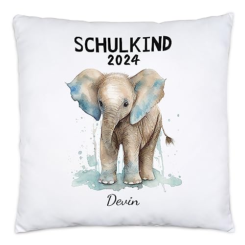 Kiddle-Design Schulkind 2024 Kissen Personalisiertes Geschenk zum Schulanfang Junge Mädchen Einschulungsgeschenk Erster Schultag Elefant von Kiddle-Design