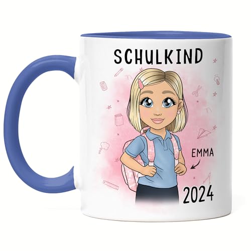 Kiddle-Design Schulkind 2024 Tasse Blau Personalisiertes Geschenk zum Schulanfang Mädchen Einschulungsgeschenk Erster Schultag Geschenkidee von Kiddle-Design