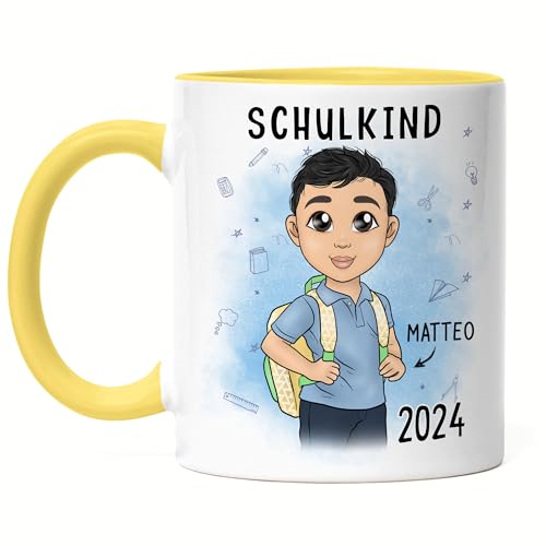 Kiddle-Design Schulkind 2024 Tasse Gelb Personalisiertes Geschenk zum Schulanfang Junge Einschulungsgeschenk Jungs Erster Schultag Geschenkidee von Kiddle-Design