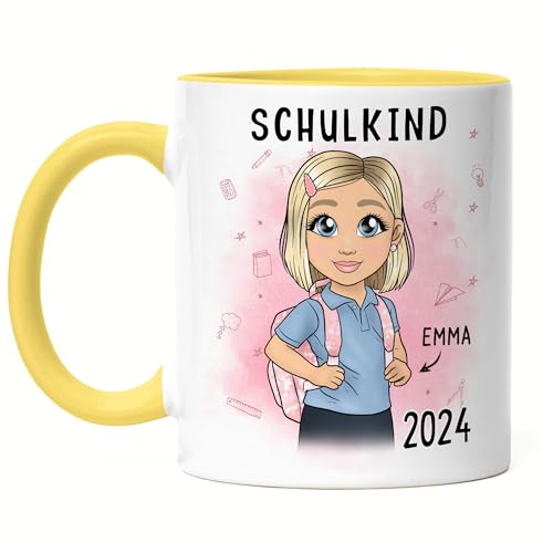 Kiddle-Design Schulkind 2024 Tasse Gelb Personalisiertes Geschenk zum Schulanfang Mädchen Einschulungsgeschenk Erster Schultag Geschenkidee von Kiddle-Design