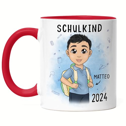 Kiddle-Design Schulkind 2024 Tasse Rot Personalisiertes Geschenk zum Schulanfang Junge Einschulungsgeschenk Jungs Erster Schultag Geschenkidee von Kiddle-Design