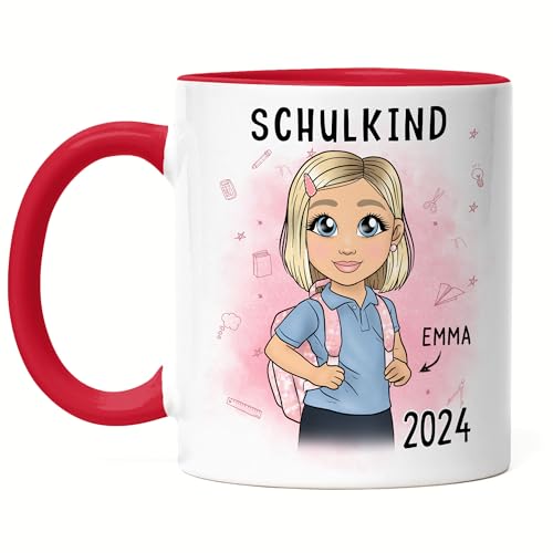 Kiddle-Design Schulkind 2024 Tasse Rot Personalisiertes Geschenk zum Schulanfang Mädchen Einschulungsgeschenk Erster Schultag Geschenkidee von Kiddle-Design