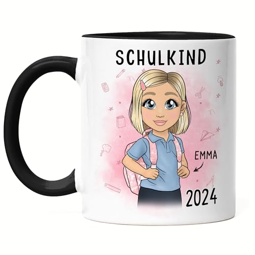 Kiddle-Design Schulkind 2024 Tasse Schwarz Personalisiertes Geschenk zum Schulanfang Mädchen Einschulungsgeschenk Erster Schultag Geschenkidee von Kiddle-Design