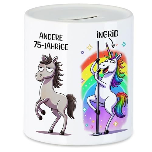 Kiddle-Design Spardose Personalisiert 75. Geburtstag - Andere 75 Jährige Du - 75. Geburtstag lustig witziges Geldgeschenk Frau Frauen Einhorn - Sparschwein Sparbüchse von Kiddle-Design