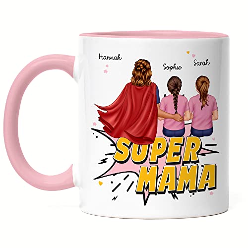 Kiddle-Design Super Mama Personalisierte Tasse Rosa zum Muttertag Geschenk für Mama Mutter Geburtstag Muttertag mit Tochter Sohn Kindern von Kiddle-Design